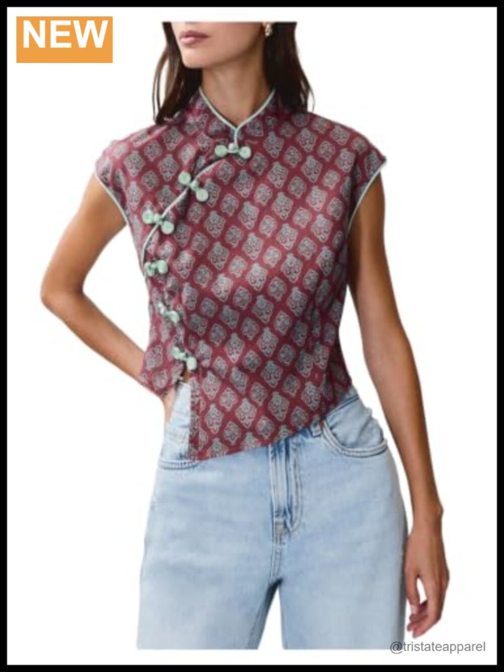 Viscose Mock Neck Crop Top Retro Frog Button Blouse
